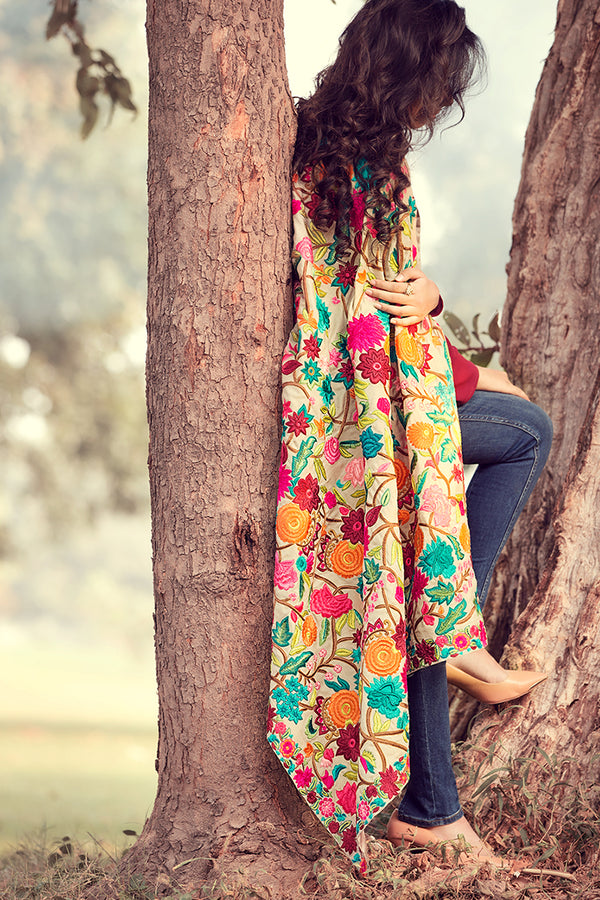 Fully Embroidered Classic Floral Shawl - Komal Nasir