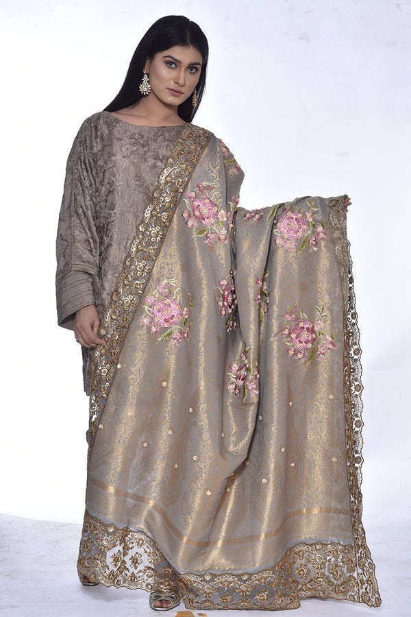 Silk Zari Shawl with Floral Embroidary and Gotta and Tilla Hand Work - Komal Nasir