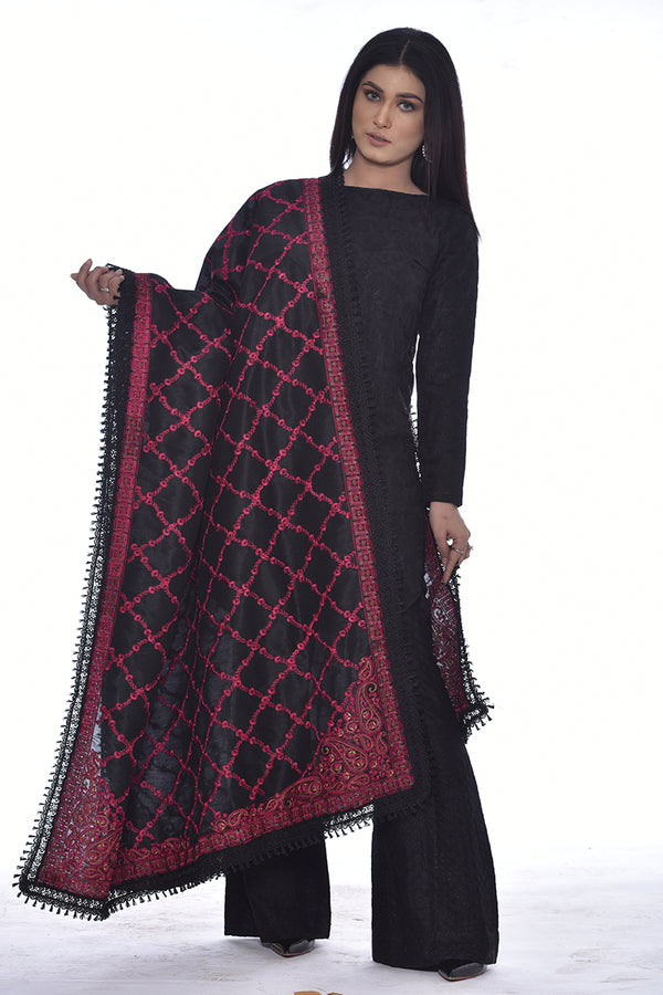 FULLY EMBROIDERED RAW SILK SHAWL - Komal Nasir