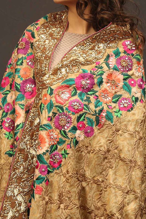 Gold Pink Floral Border Shawl (Heavy Formal) - Komal Nasir