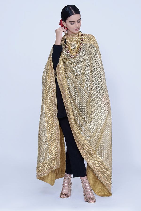 Golden Gotta Shawl on Organza Base - Komal Nasir