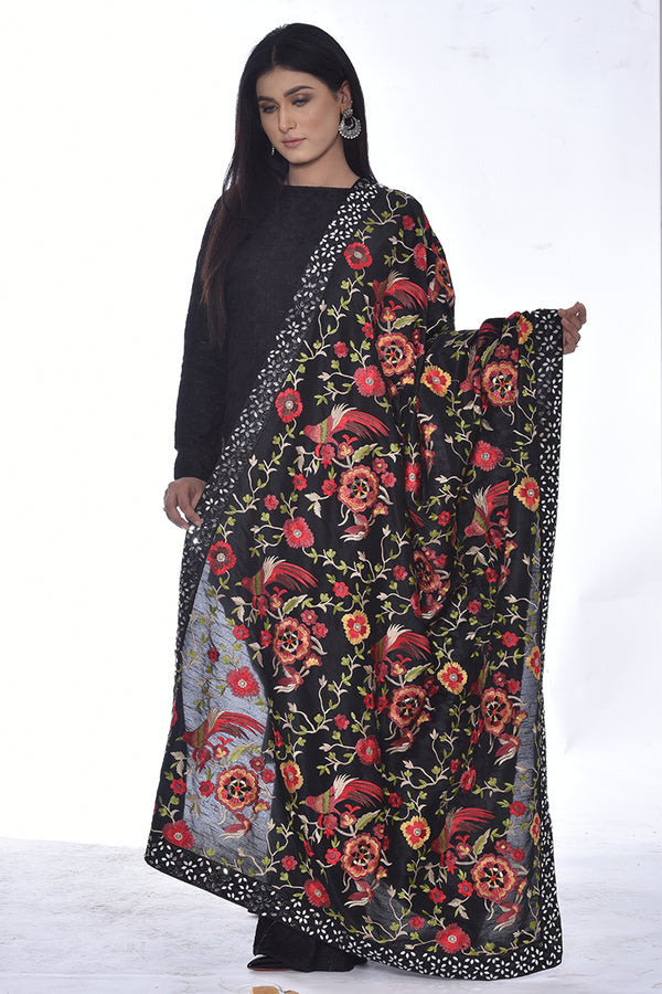 Fully Embroidered Raw Silk Black Shawl with Mirror Work - Komal Nasir