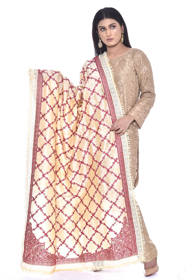 Fully Embroidered Raw Silk Shawl - Komal Nasir