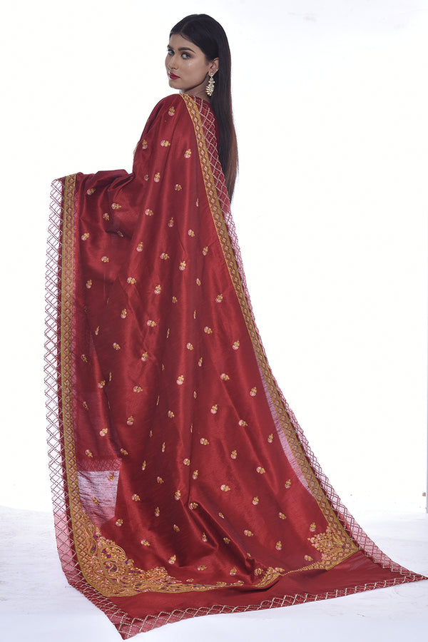 Raw Silk Shawl with Rice Stitch Embroidery - Komal Nasir