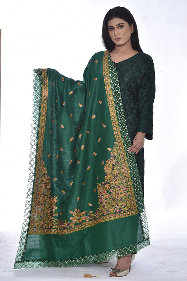 Raw Silk Shawl with Rice Stitch Embroidery - Komal Nasir