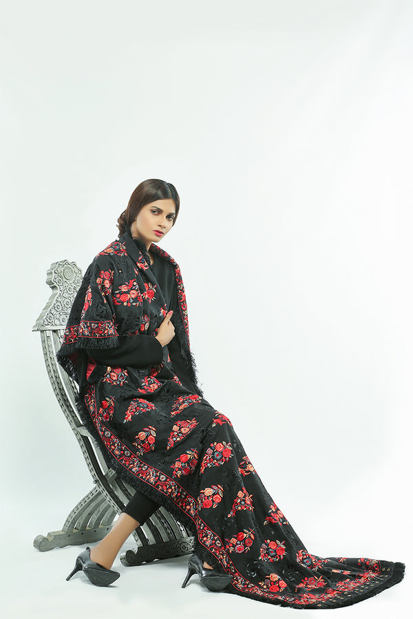 Black Raw Silk Shawl with Single Needle Embroidary and Cut Work - Komal Nasir