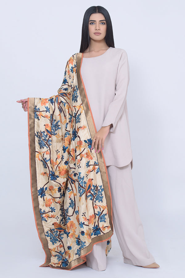 Off-White Silk Shawl with Rusty Shades Embroidary - Komal Nasir