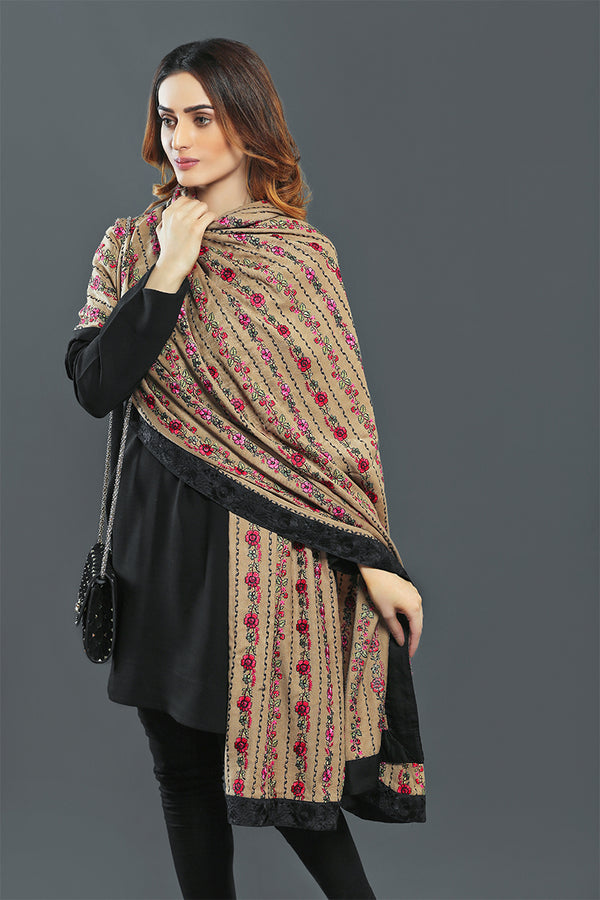 Beige Classic Pashmina Shawl with Black Borders - Komal Nasir