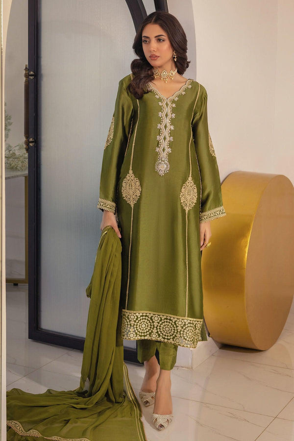 RUNELA OLIVE - SHIRT, PANTS AND DUPATTA - Annus Abrar - Luxury Pret - raniazara