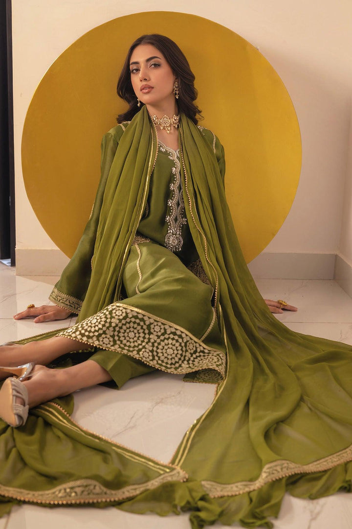 RUNELA OLIVE - SHIRT, PANTS AND DUPATTA - Annus Abrar - Luxury Pret - raniazara