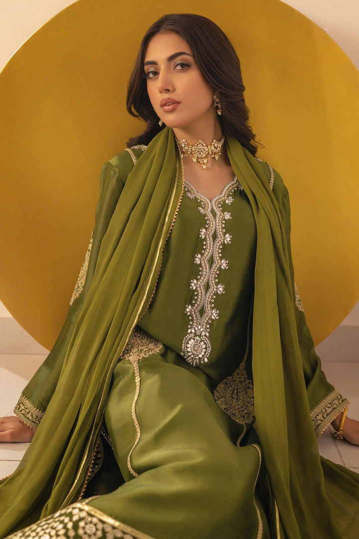 RUNELA OLIVE - SHIRT, PANTS AND DUPATTA - Annus Abrar - Luxury Pret - raniazara