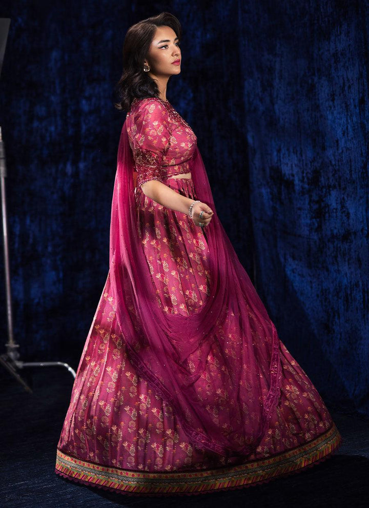 GLORIA CRIMSON LEHNGA CHOLI WITH DRAPED DUPATTA raniazarastudio