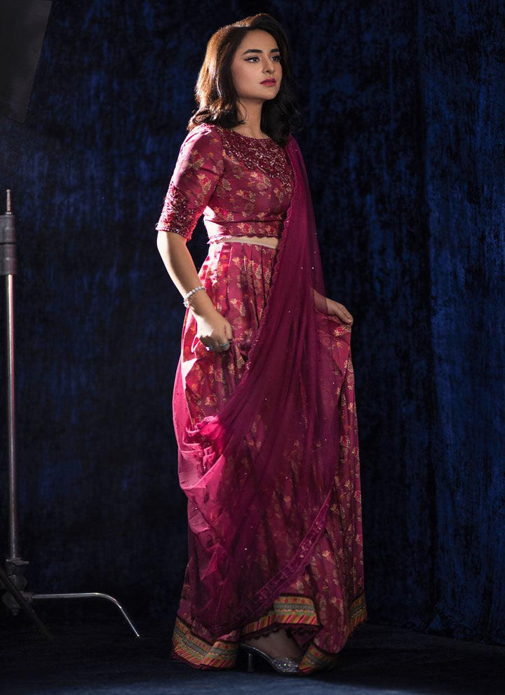 GLORIA CRIMSON LEHNGA CHOLI WITH DRAPED DUPATTA raniazarastudio