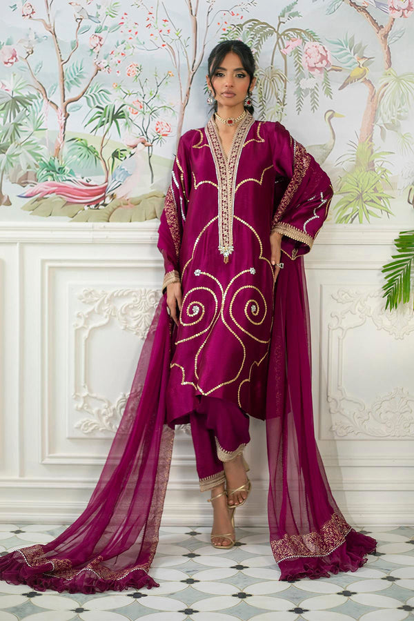 Izali Cranberry- Shirt, Pants And Dupatta - Annus Abrar