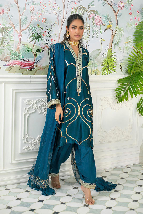 Izali Deep Teal- Shirt, Pants And Dupatta - Annus Abrar