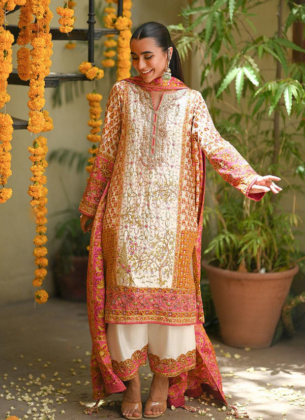 TWILA IVORY HAND WORKED KURTA, IZAAR, WITH BLOCK PRINTED EMBELLISHED DUPATTA - Farah Talib Aziz - Mehndi - raniazara