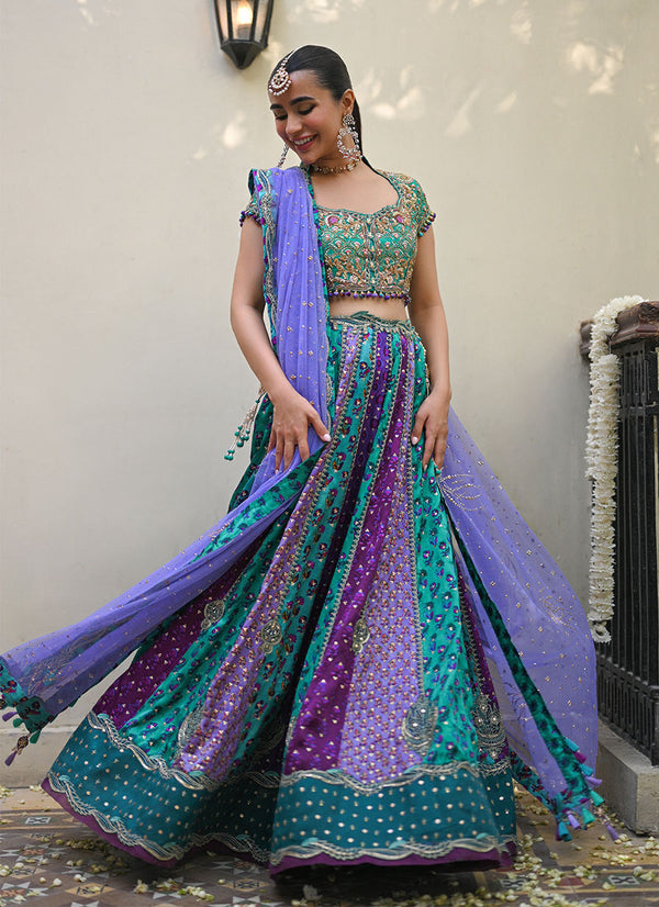 BLUEBELL SEA GREEN BLOCK PRINTED LENGHA CHOLI - Farah Talib Aziz - Mehndi - raniazara