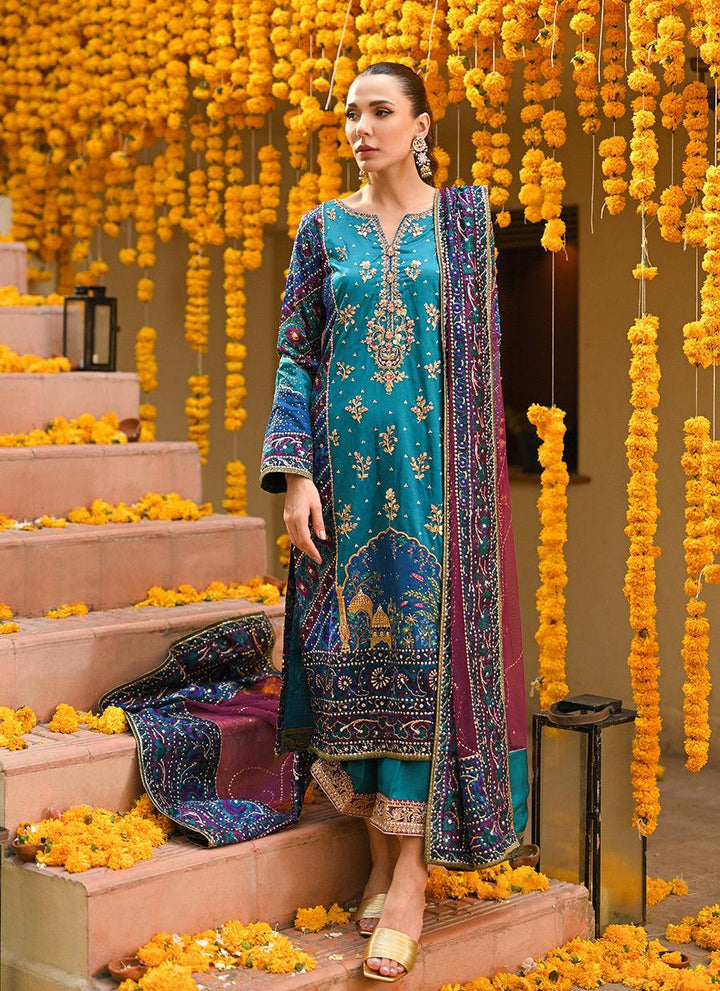 HALIA TEAL BLOCK PRINTED KURTA, IZAAR DUPATTA - Farah Talib Aziz - Mehndi - raniazara