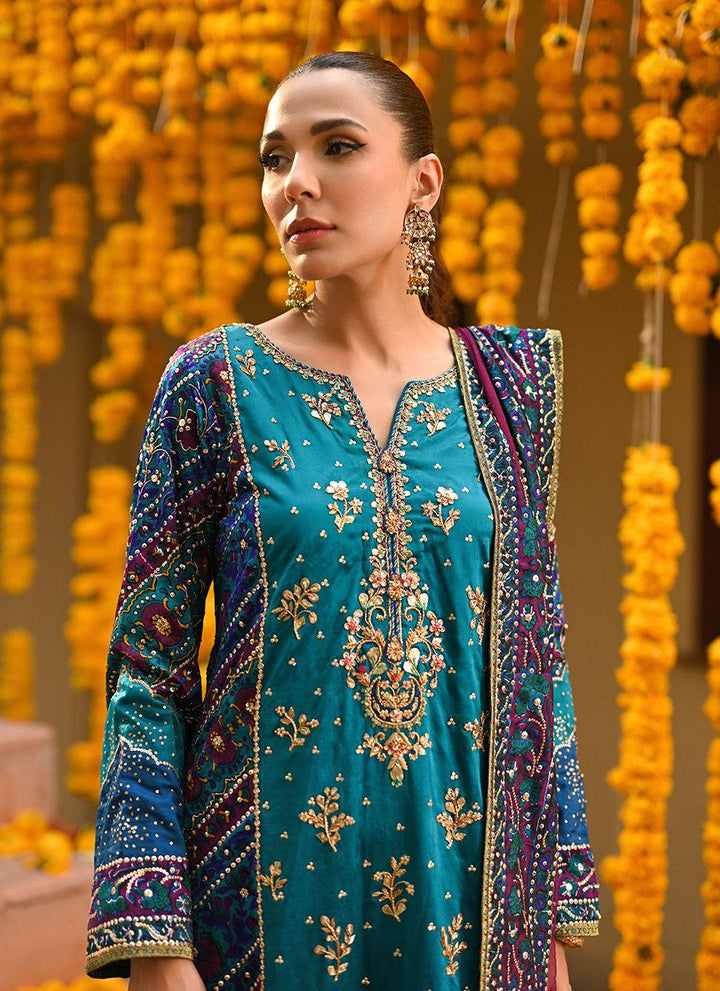 HALIA TEAL BLOCK PRINTED KURTA, IZAAR DUPATTA - Farah Talib Aziz - Mehndi - raniazara