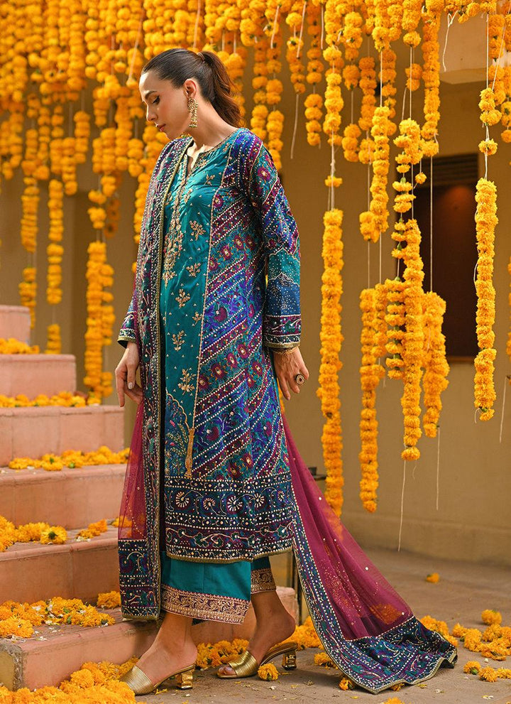 HALIA TEAL BLOCK PRINTED KURTA, IZAAR DUPATTA - Farah Talib Aziz - Mehndi - raniazara