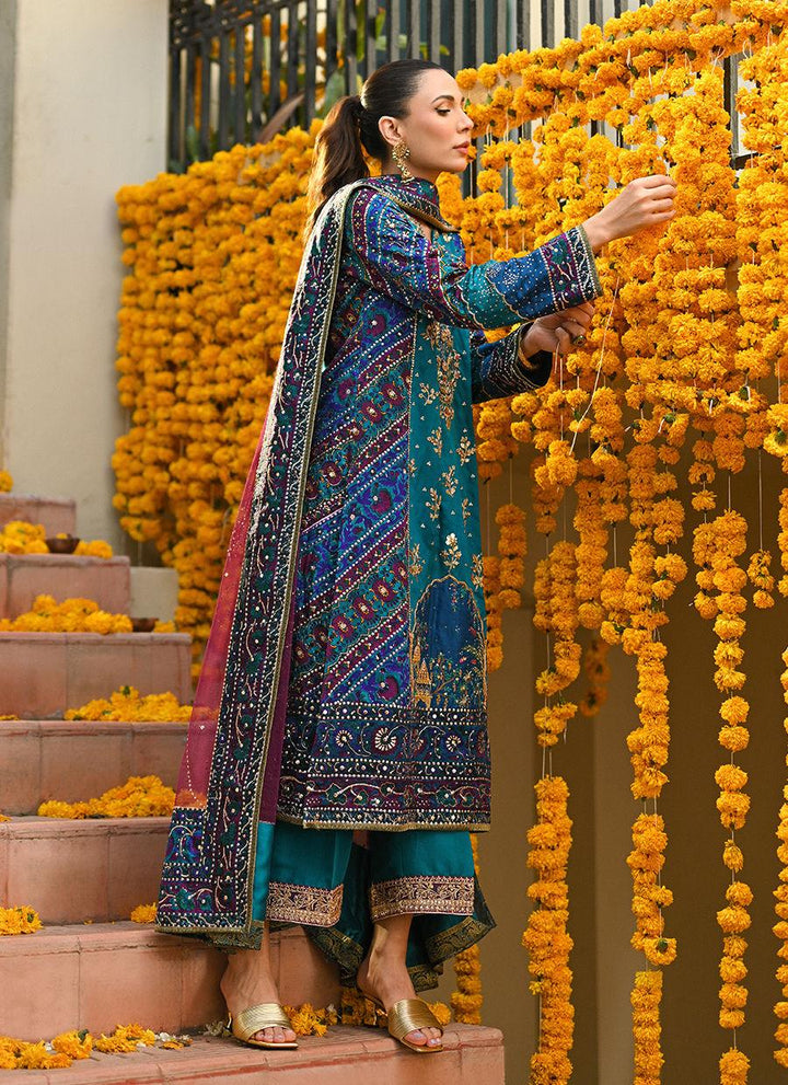 HALIA TEAL BLOCK PRINTED KURTA, IZAAR DUPATTA - Farah Talib Aziz - Mehndi - raniazara