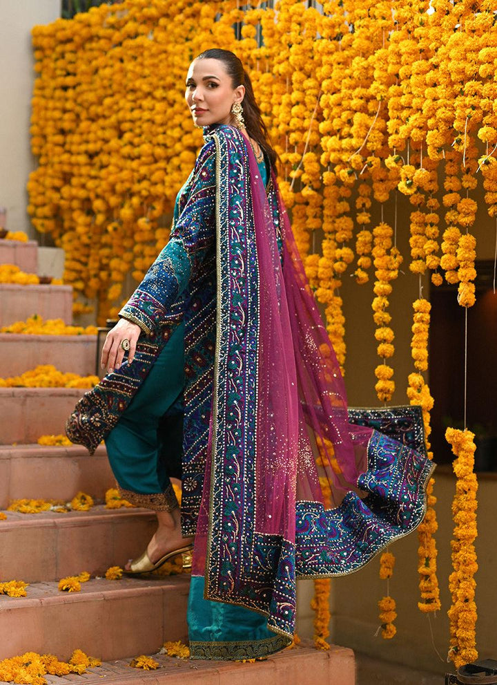 HALIA TEAL BLOCK PRINTED KURTA, IZAAR DUPATTA - Farah Talib Aziz - Mehndi - raniazara