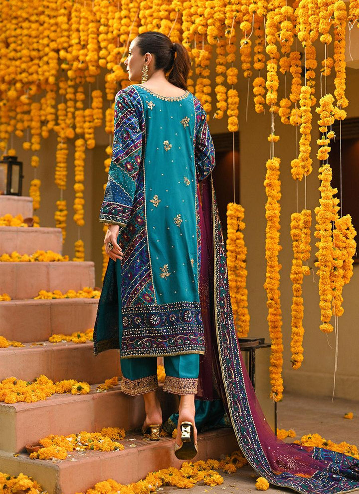 HALIA TEAL BLOCK PRINTED KURTA, IZAAR DUPATTA - Farah Talib Aziz - Mehndi - raniazara