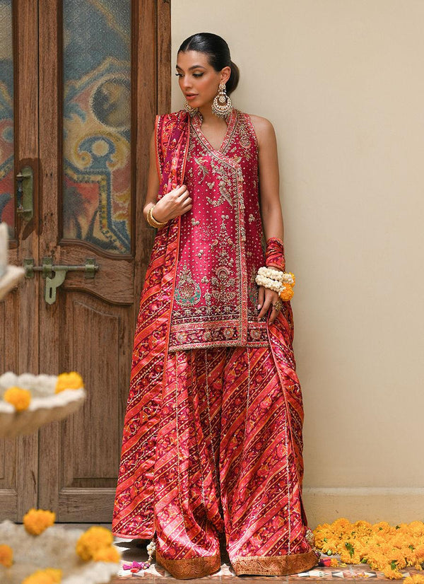 PRIMROSE CRIMSON ANGHARKHA, EMBELLISHED DO-PAINCHA DHAKHA AND BLOCK PRINT DUPATTA - Farah Talib Aziz - Mehndi - raniazara