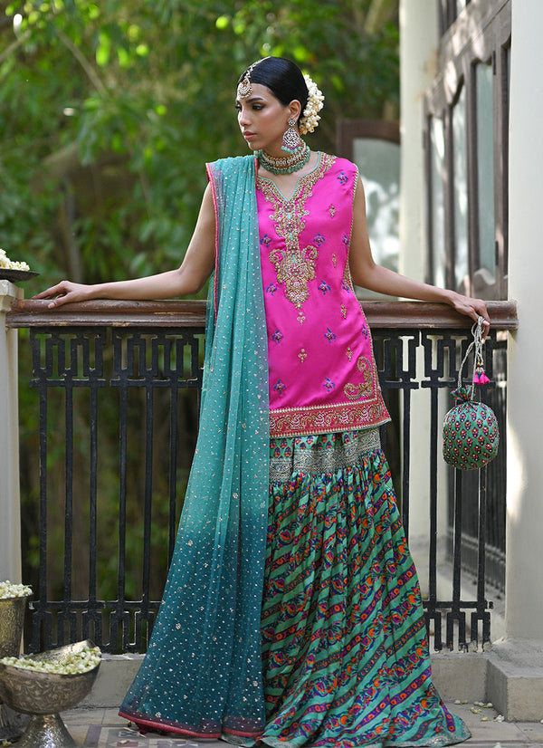 ELENA RANI PINK SHIRT WITH BLOCK PRINTED GHARARA - Farah Talib Aziz - Mehndi - raniazara