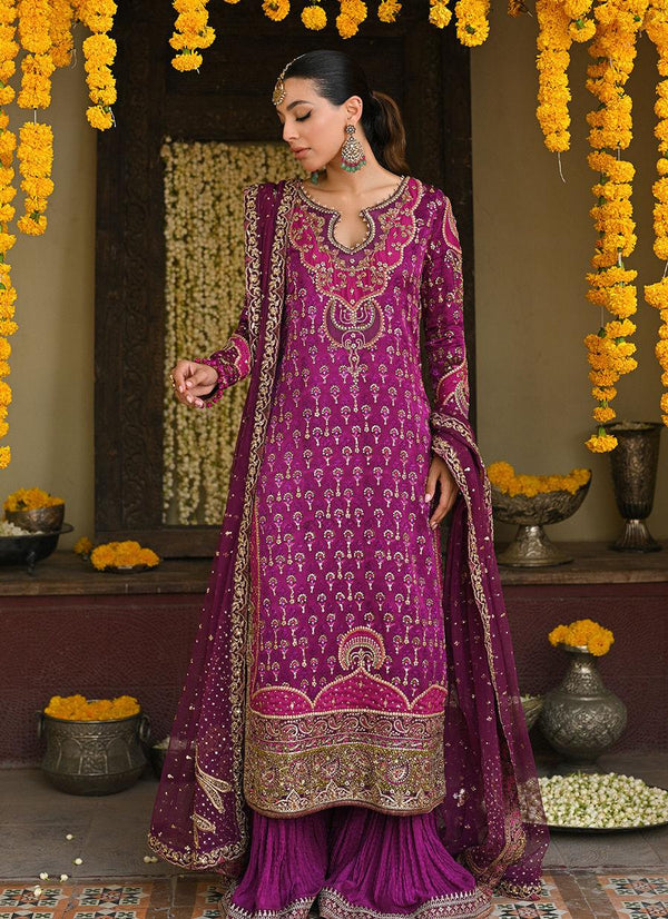 MERRYN AUBERGINE HAND EMBELLISHED SHIRT WITH CRUSHED DHAKHA - Farah Talib Aziz - Mehndi - raniazara