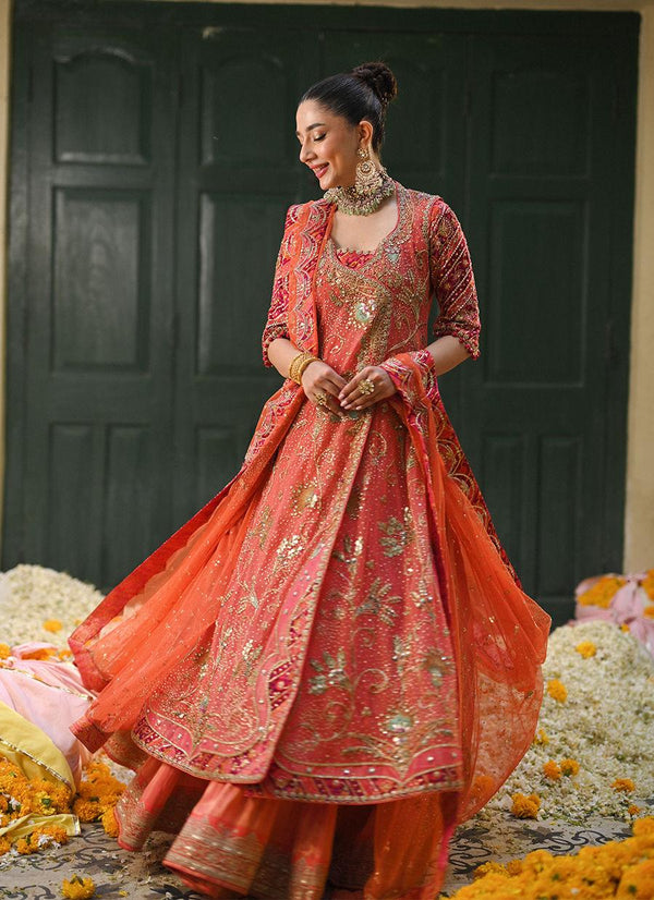 SEREIA CORAL ANGHARKHA WITH AN EMBELLISHED DUPATTA - Farah Talib Aziz - Mehndi - raniazara