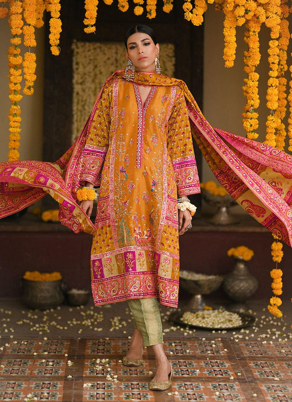 LUMI BRIGHT MUSTARD EMBELLISHED KURTA AND BLOCK PRINTED DUPATTA - Farah Talib Aziz - Mehndi - raniazara