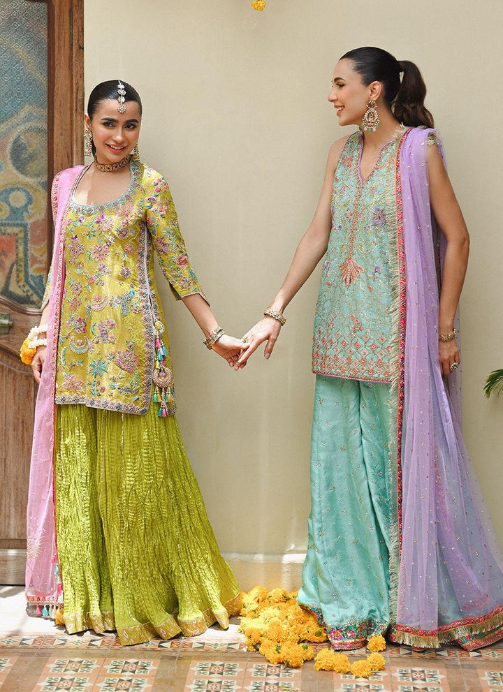 EIRLYS AQUA SHORT SHIRT AND DO-PAINCHA DHAKHA - Farah Talib Aziz - Mehndi - raniazara