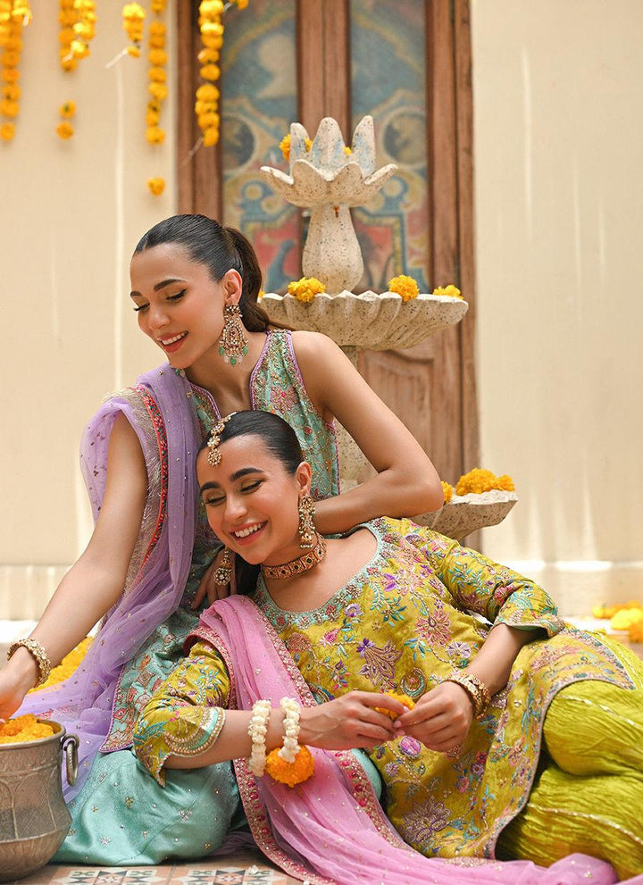 EIRLYS AQUA SHORT SHIRT AND DO-PAINCHA DHAKHA - Farah Talib Aziz - Mehndi - raniazara