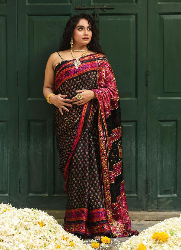 RUTHIE BLACK SILK SAREE - Farah Talib Aziz - Mehndi - raniazara