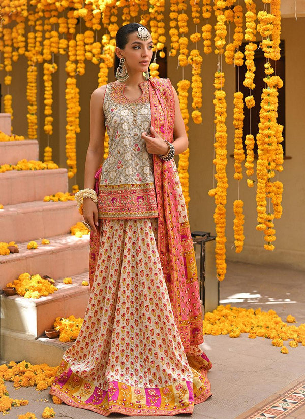 MARILLA IVORY SHORT SHIRT WITH LENGHA AND BLOCK PRINTED DUPATTA - Farah Talib Aziz - Mehndi - raniazara