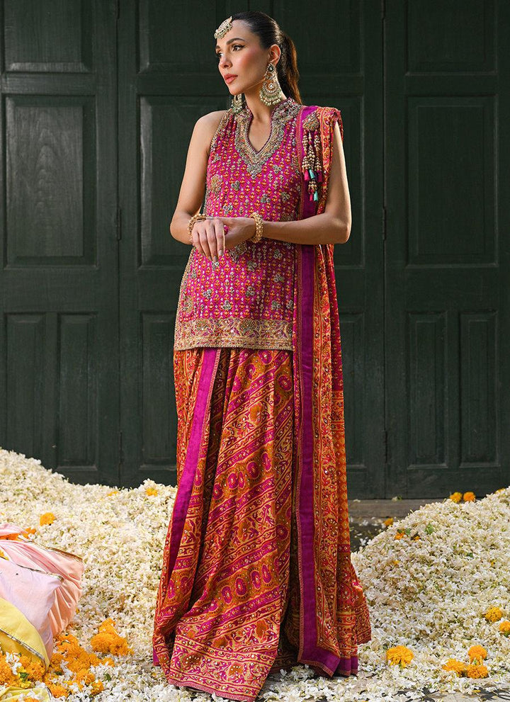 AYALA MAGENTA PINK BLOCK PRINTED SHIRT DUPATTA AND LENGHA - Farah Talib Aziz - Mehndi - raniazara