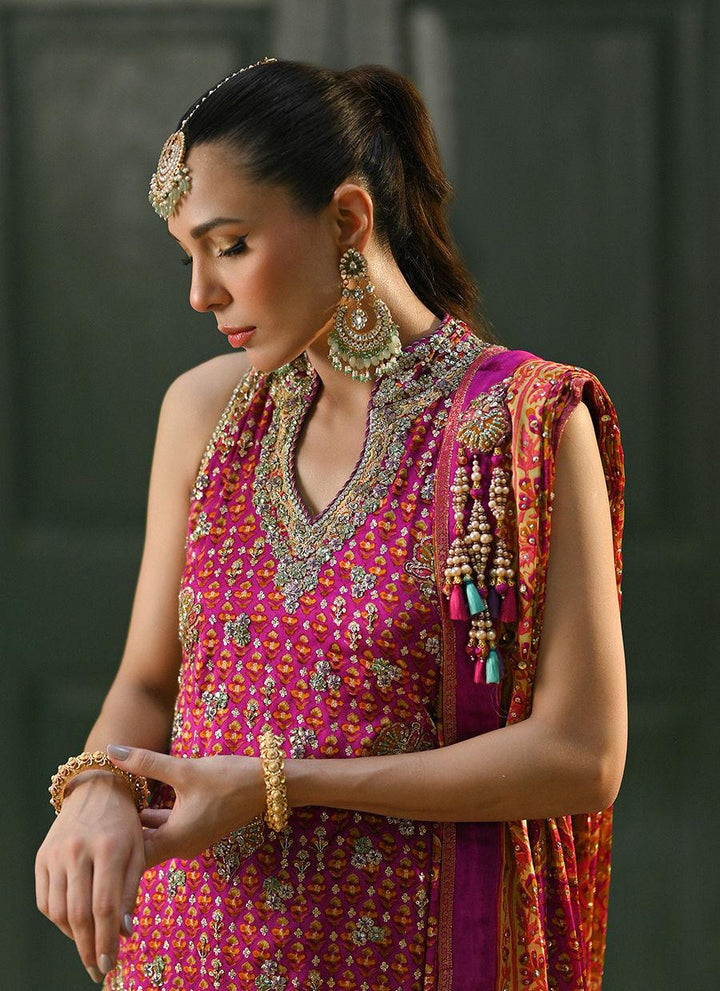 AYALA MAGENTA PINK BLOCK PRINTED SHIRT DUPATTA AND LENGHA - Farah Talib Aziz - Mehndi - raniazara