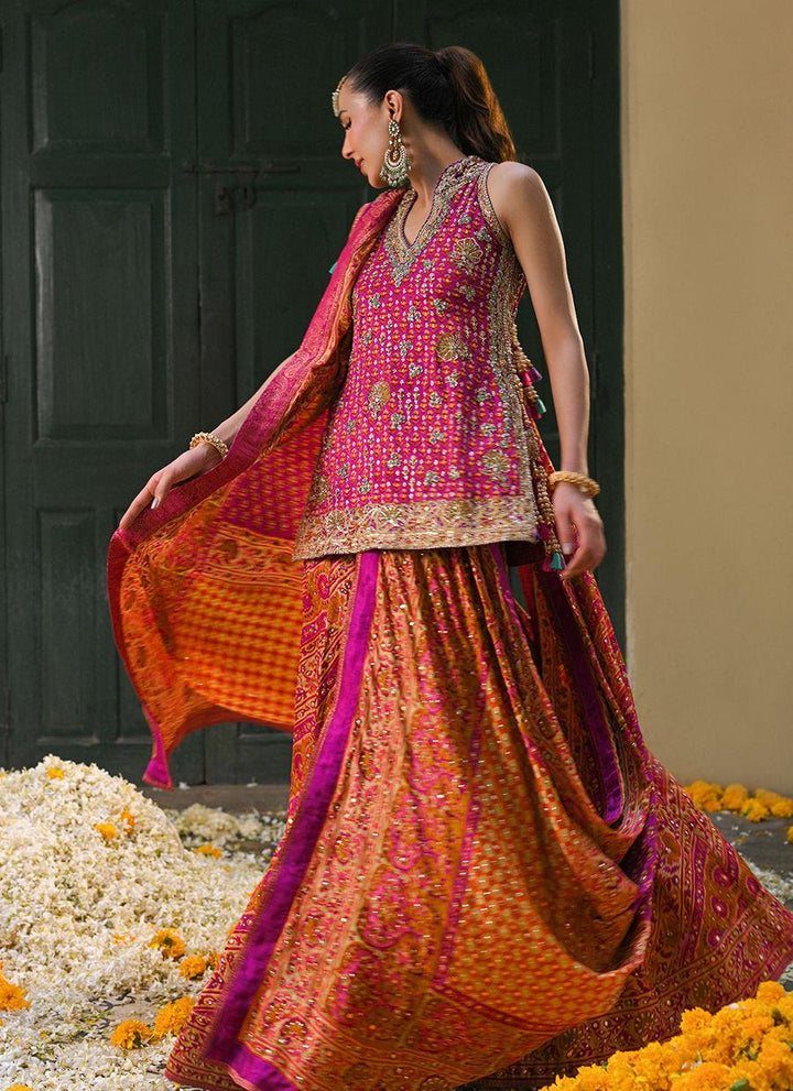 AYALA MAGENTA PINK BLOCK PRINTED SHIRT DUPATTA AND LENGHA - Farah Talib Aziz - Mehndi - raniazara