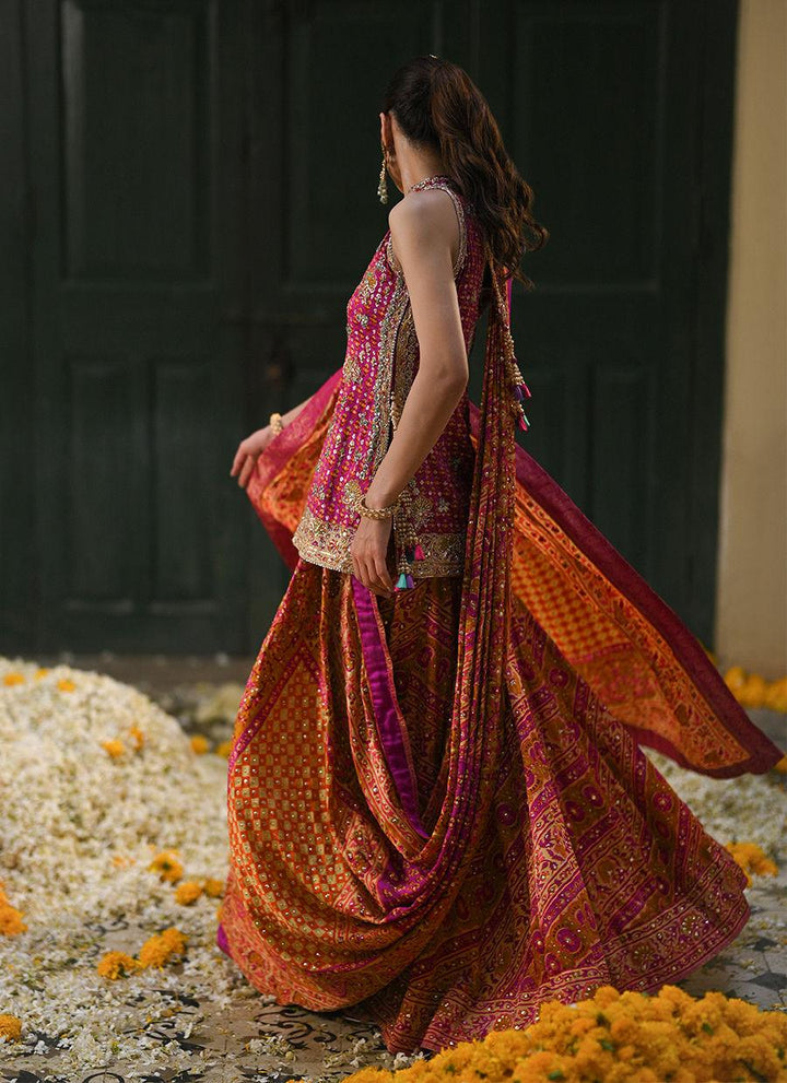 AYALA MAGENTA PINK BLOCK PRINTED SHIRT DUPATTA AND LENGHA - Farah Talib Aziz - Mehndi - raniazara