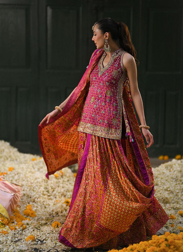 AYALA MAGENTA PINK BLOCK PRINTED SHIRT DUPATTA AND LENGHA - Farah Talib Aziz - Mehndi - raniazara