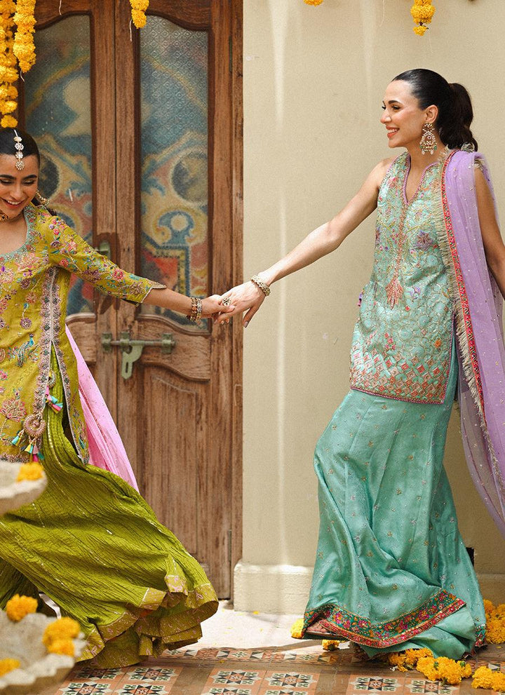 EIRLYS AQUA SHORT SHIRT AND DO-PAINCHA DHAKHA - Farah Talib Aziz - Mehndi - raniazara