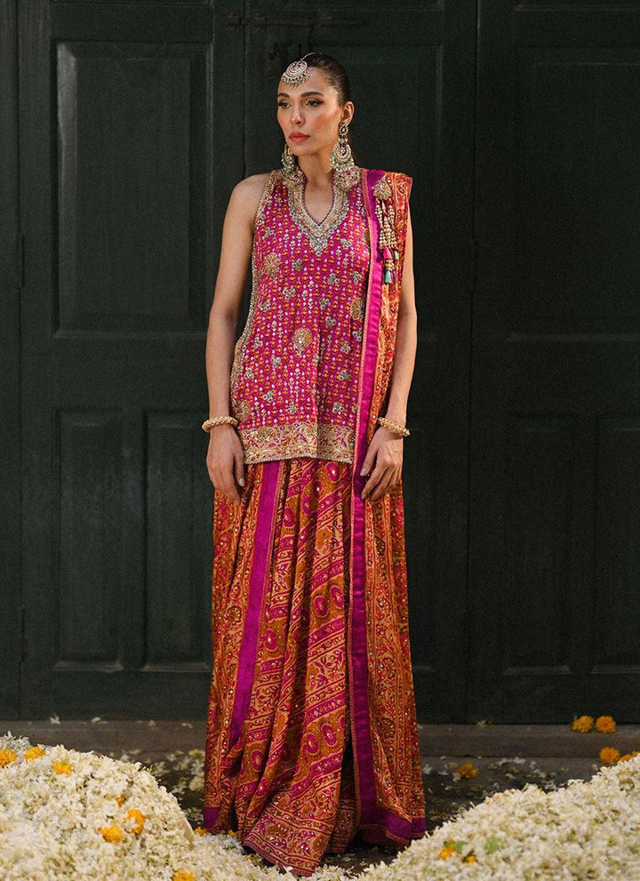 AYALA MAGENTA PINK BLOCK PRINTED SHIRT DUPATTA AND LENGHA - Farah Talib Aziz - Mehndi - raniazara