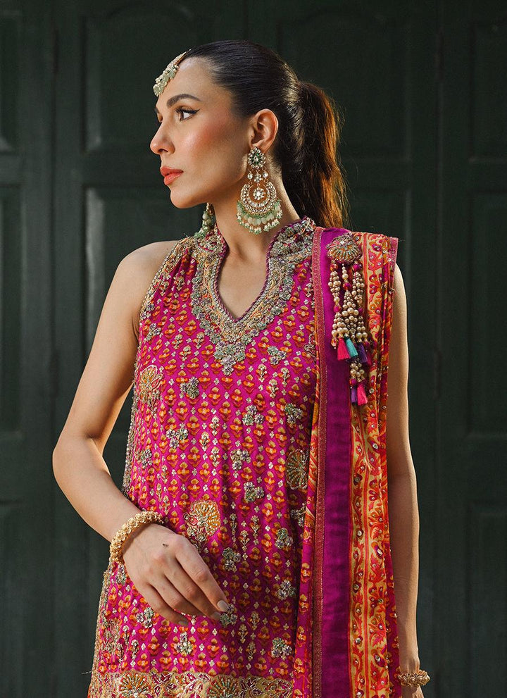 AYALA MAGENTA PINK BLOCK PRINTED SHIRT DUPATTA AND LENGHA - Farah Talib Aziz - Mehndi - raniazara