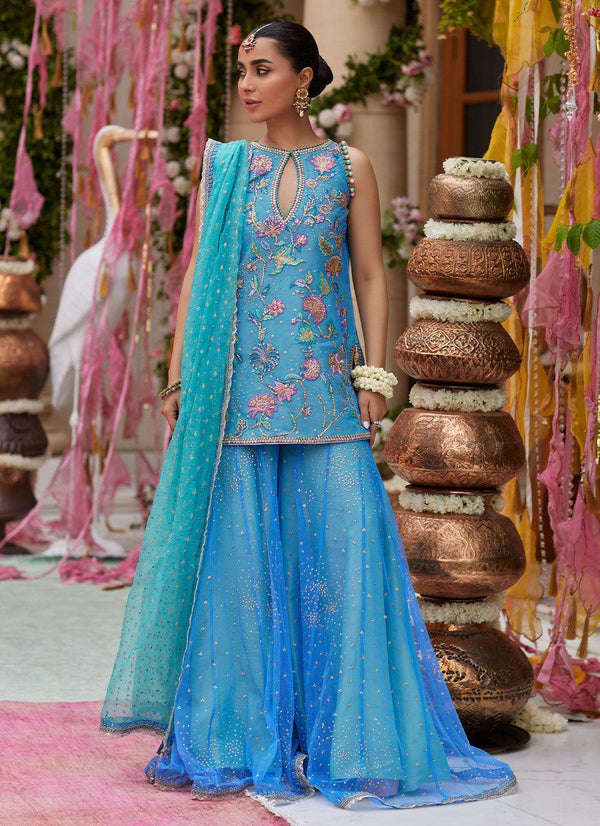 Ezlyn French Blue Short Shirt And Dhaka - Farah Talib Aziz - Bridal - raniazara