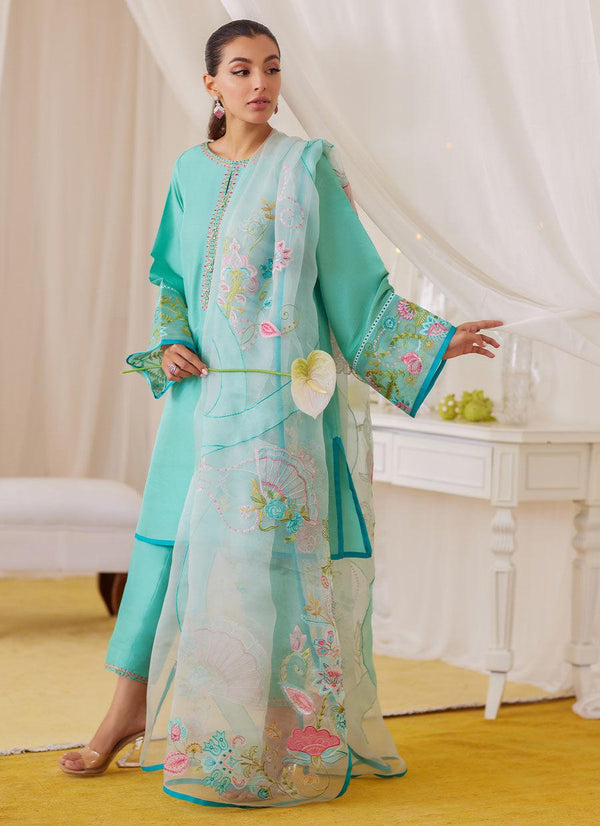 Una Turquoise Shirt And Embroidered Dupatta - FARAH TALIB AZIZ - Pret - raniazara