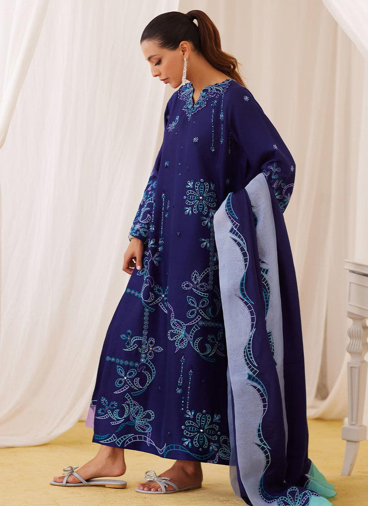 Nada Ink Blue Embroidered Shirt And Dupatta - FARAH TALIB AZIZ - Pret - raniazara