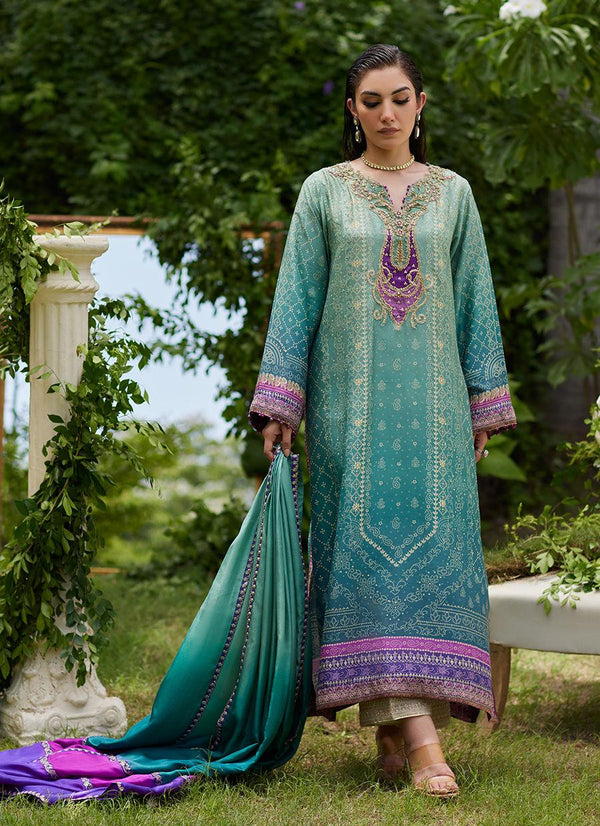 Leisha Teal Ombre Shirt And Dupatta - Farah Talib Aziz - Pakistani Suits - Pret - raniazara