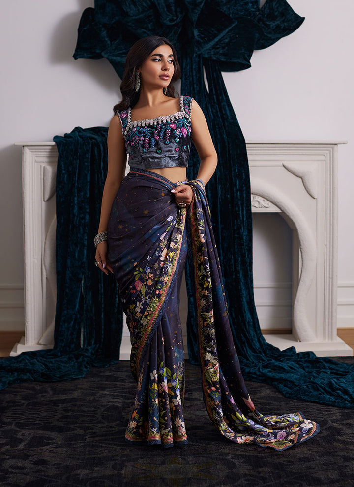 Alixia Charmeuse Saree With Velvet Blouse - Farah Talib Aziz - Saree Blouse - raniazara