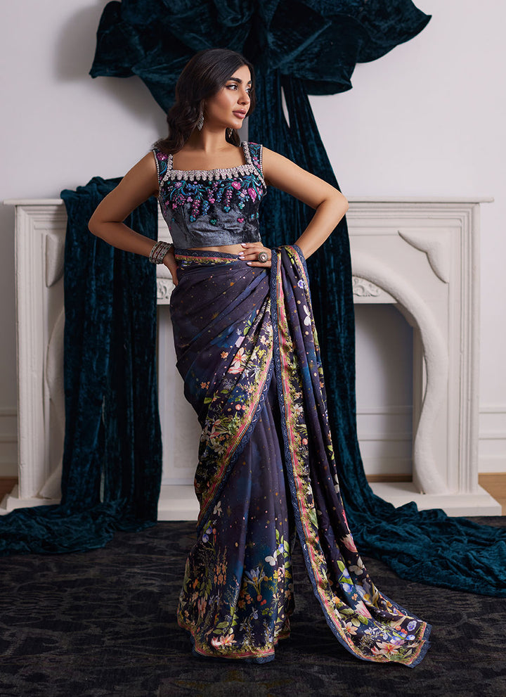 Alixia Charmeuse Saree With Velvet Blouse - Farah Talib Aziz - Saree Blouse - raniazara